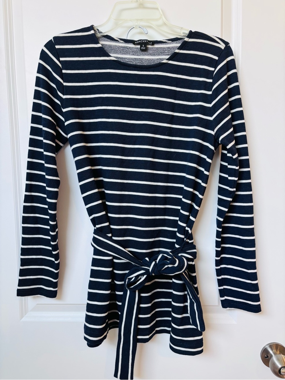 J. Crew Navy and White Striped Long-Sleeve Tie Front Top